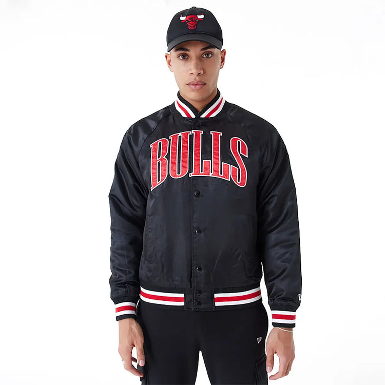 NEW ERA Chicago Bulls Nba Applique Satin Black Bomber Jacket 60435456